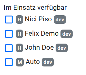 Liste verfügbarer User und Material